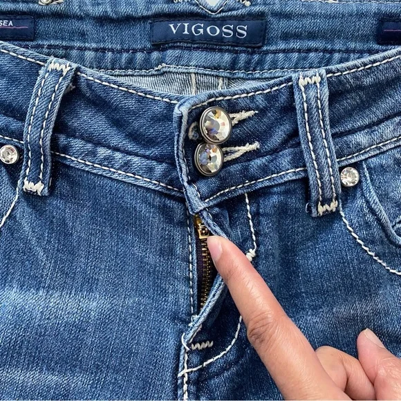 VIGOSS The Chelsea Capri Embroidered Faded Whiskered Stretch Jeans Size 7/8 - Picture 12 of 16